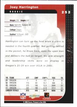 2002 Score - Scorecard #252 Joey Harrington Back