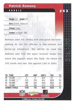 2002 Score - Scorecard #253 Patrick Ramsey Back
