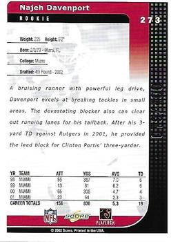 2002 Score - Scorecard #273 Najeh Davenport Back