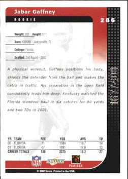 2002 Score - Scorecard #286 Jabar Gaffney Back