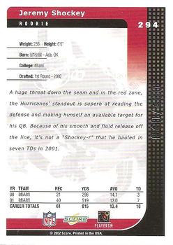 2002 Score - Scorecard #294 Jeremy Shockey Back