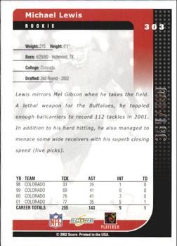 2002 Score - Scorecard #303 Michael Lewis Back