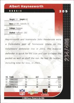 2002 Score - Scorecard #305 Albert Haynesworth Back