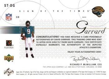 2002 SP Authentic - Sign of the Times #ST-DG David Garrard Back