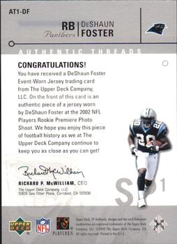 2002 SP Authentic - Authentic Threads Single (SP1) #AT1-DF DeShaun Foster Back