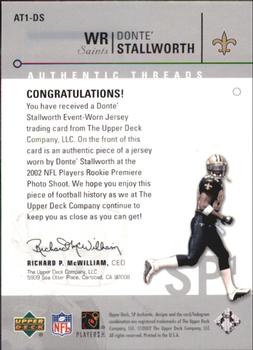 2002 SP Authentic - Authentic Threads Single (SP1) #AT1-DS Donte Stallworth Back