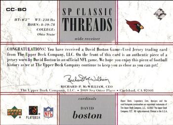 2002 SP Legendary Cuts - SP Classic Threads #CC-BO David Boston Back