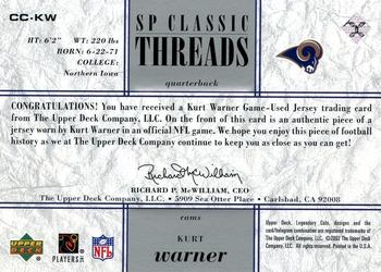 2002 SP Legendary Cuts - SP Classic Threads #CC-KW Kurt Warner Back
