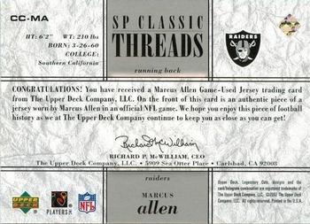 2002 SP Legendary Cuts - SP Classic Threads #CC-MA Marcus Allen Back