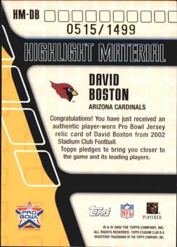 2002 Stadium Club - Highlight Material #HM-DB David Boston Back