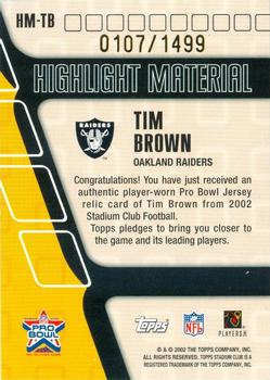 2002 Stadium Club - Highlight Material #HM-TB Tim Brown Back