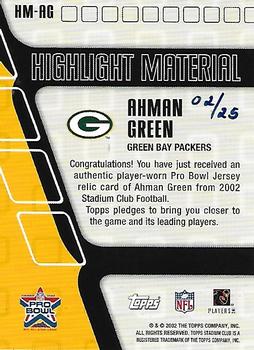 2002 Stadium Club - Highlight Material Gold #HM-AG Ahman Green Back