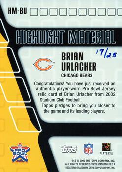 2002 Stadium Club - Highlight Material Gold #HM-BU Brian Urlacher Back