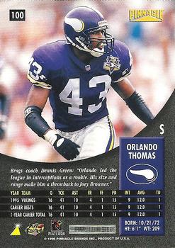 1996 Pinnacle #100 Orlando Thomas Back