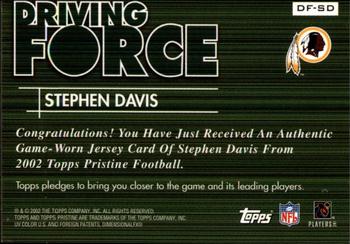 2002 Topps Pristine - Driving Force Jerseys #DF-SD Stephen Davis Back