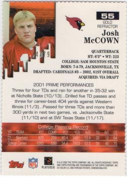 2002 Topps Pristine - Gold Refractors #55 Josh McCown Back