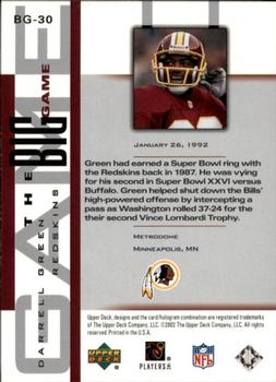2002 UD Piece of History - The Big Game #BG-30 Darrell Green Back