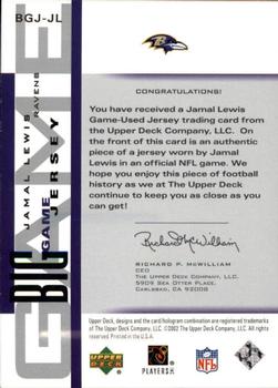 2002 UD Piece of History - The Big Game Jerseys #BGJ-JL Jamal Lewis Back