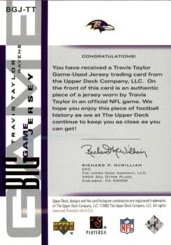 2002 UD Piece of History - The Big Game Jerseys #BGJ-TT Travis Taylor Back