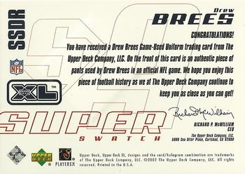 2002 Upper Deck XL - Super Swatch Jerseys #SSDR Drew Brees Back