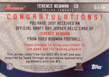 2003 Bowman - Draft Day Selection Relics #DJ-TN Terence Newman Back