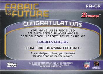 2003 Bowman - Fabric of the Future #FA-CR Charles Rogers Back