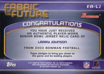 2003 Bowman - Fabric of the Future #FA-LJ Larry Johnson Back