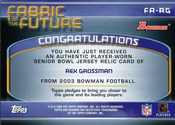 2003 Bowman - Fabric of the Future #FA-RG Rex Grossman Back