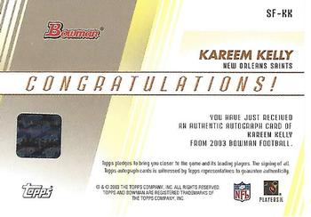 2003 Bowman - Signs of the Future Autographs #SF-KK Kareem Kelly Back