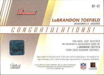 2003 Bowman - Signs of the Future Autographs #SF-LT LaBrandon Toefield Back