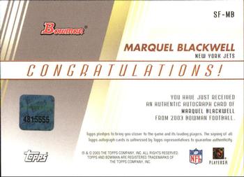 2003 Bowman - Signs of the Future Autographs #SF-MB Marquel Blackwell Back