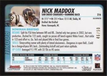 2003 Bowman Chrome - Gold Refractors #216 Nick Maddox Back
