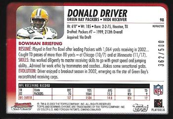 2003 Bowman Chrome - Refractors #98 Donald Driver Back