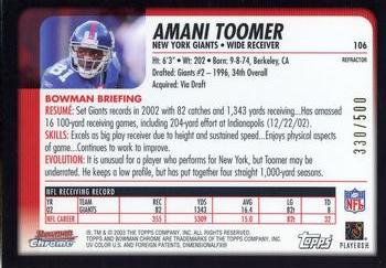 2003 Bowman Chrome - Refractors #106 Amani Toomer Back