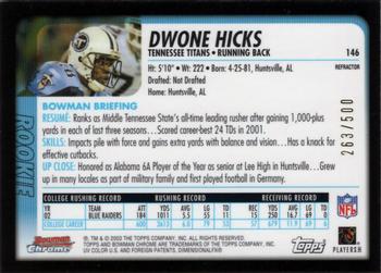 2003 Bowman Chrome - Refractors #146 Dwone Hicks Back