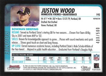 2003 Bowman Chrome - Refractors #192 Juston Wood Back