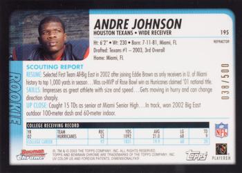 2003 Bowman Chrome - Refractors #195 Andre Johnson Back