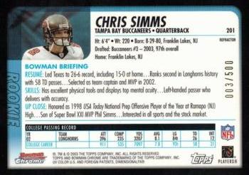 2003 Bowman Chrome - Refractors #201 Chris Simms Back