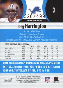 2003 Bowman's Best - Blue #3 Joey Harrington Back
