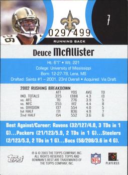 2003 Bowman's Best - Blue #7 Deuce McAllister Back