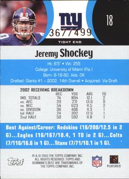 2003 Bowman's Best - Blue #18 Jeremy Shockey Back