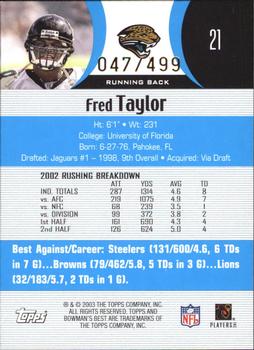 2003 Bowman's Best - Blue #21 Fred Taylor Back