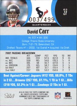 2003 Bowman's Best - Blue #37 David Carr Back