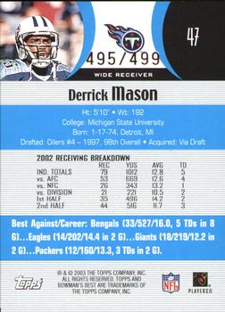 2003 Bowman's Best - Blue #47 Derrick Mason Back