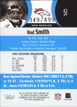 2003 Bowman's Best - Blue #51 Rod Smith Back
