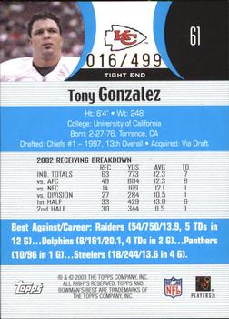 2003 Bowman's Best - Blue #61 Tony Gonzalez Back