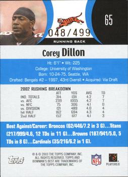 2003 Bowman's Best - Blue #65 Corey Dillon Back