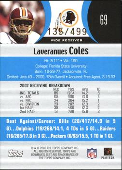 2003 Bowman's Best - Blue #69 Laveranues Coles Back