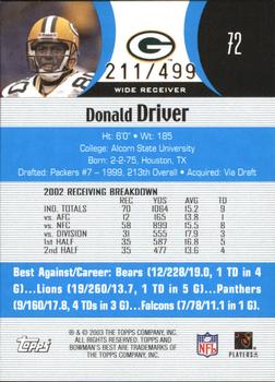 2003 Bowman's Best - Blue #72 Donald Driver Back