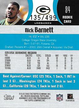 2003 Bowman's Best - Blue #84 Nick Barnett Back